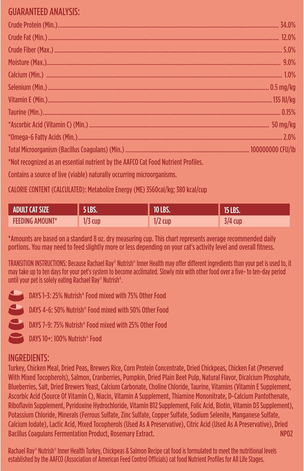 Nourriture sèche naturelle de première qualité pour chats Rachael Ray Nutrish Inner Health avec vitamines, minéraux et autres nutriments ajoutés, recette de dinde aux pois chiches et au saumon, 14 livres