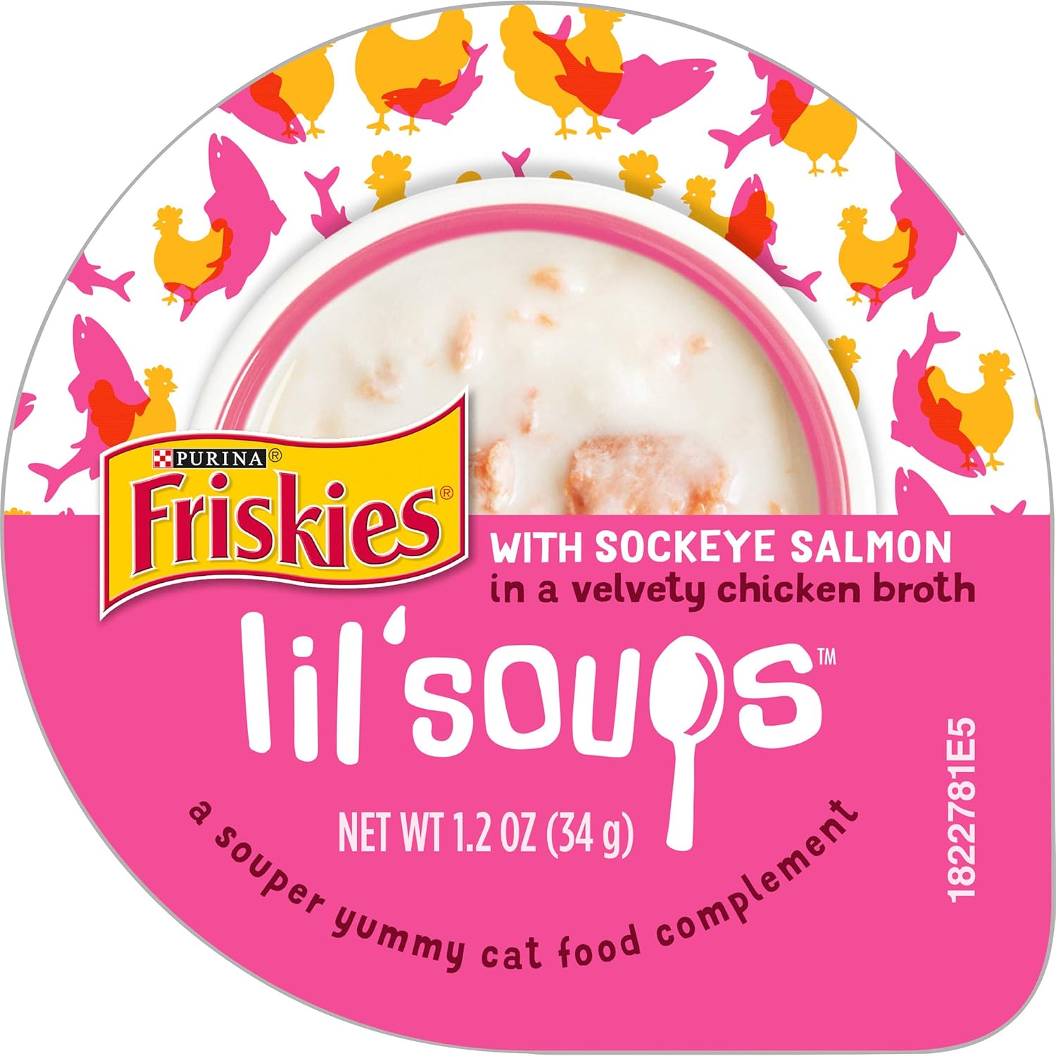 Nourriture humide pour chats Purina Friskies, naturelle et sans céréales, gâteries à lécher pour chats, petites soupes au saumon rouge et bouillon de poulet - (lot de 8) tasses de 1,2 oz