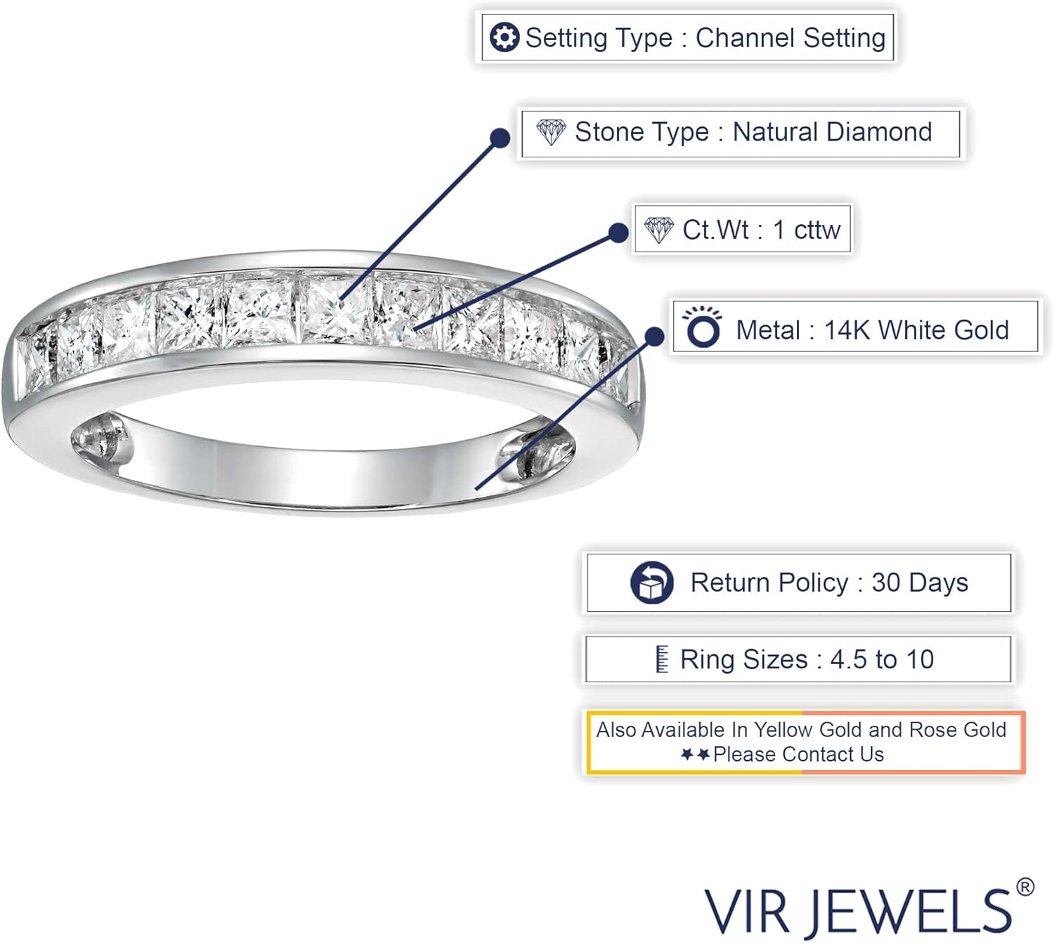 1 carat (ctw) Diamond Wedding Anniversary Band for Women, Half Eternity Princess Cut Diamond Engagement Ring in 14K White Gold Channel Set 1 cttw, Size 4.5-10 · v2