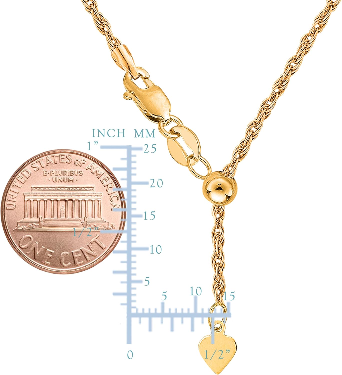 Jewelry Affairs 14k Yellow Real Gold Adjustable Rope Chain Necklace, 1.0mm, 22 · v2