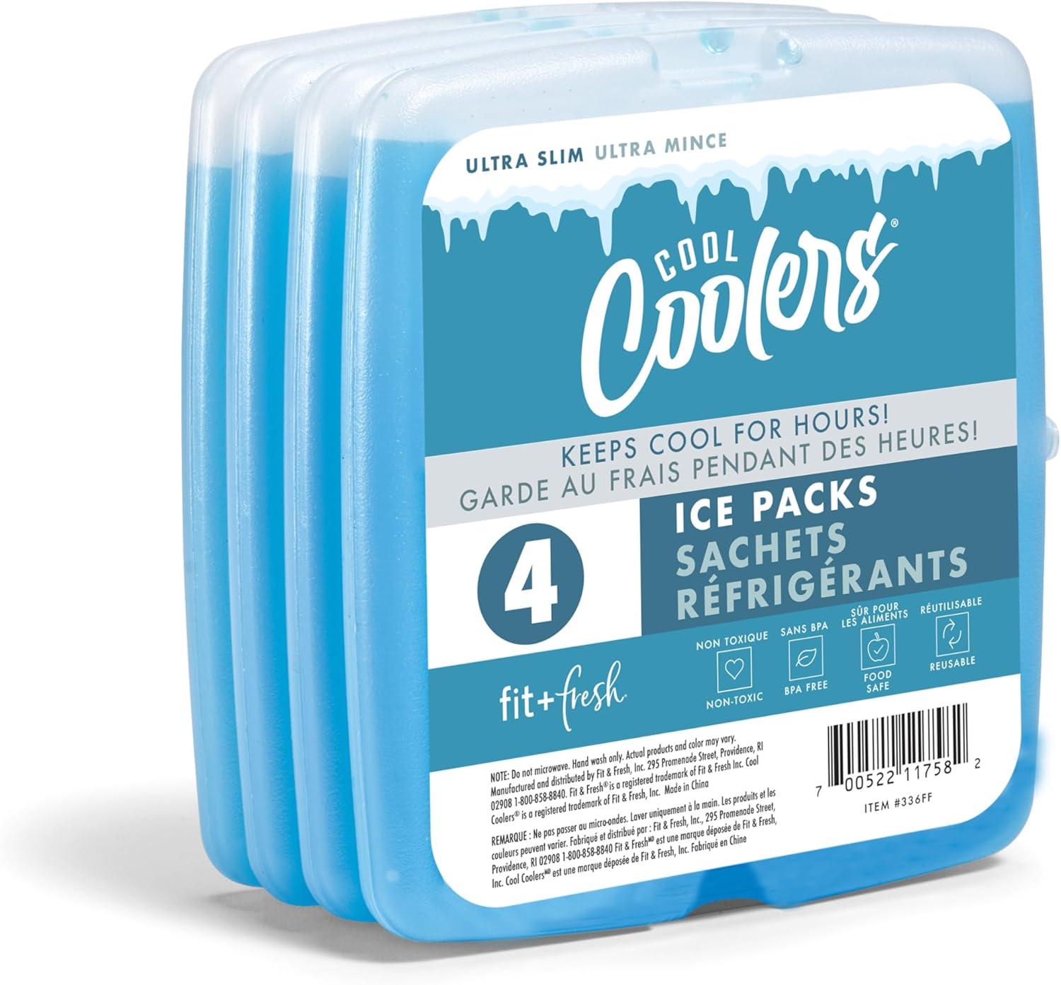 Cool Coolers จาก Fit Fresh แพ็คน้ำแข็งบาง 4 ชิ้น แช่แข็งอย่างรวดเร็ว ประหยัดพื้นที่ แพ็คน้ำแข็งแบบใช้ซ้ำได้สำหรับกล่องอาหารกลางวันหรือกระติกน้ำแข็ง สีน้ำเงิน