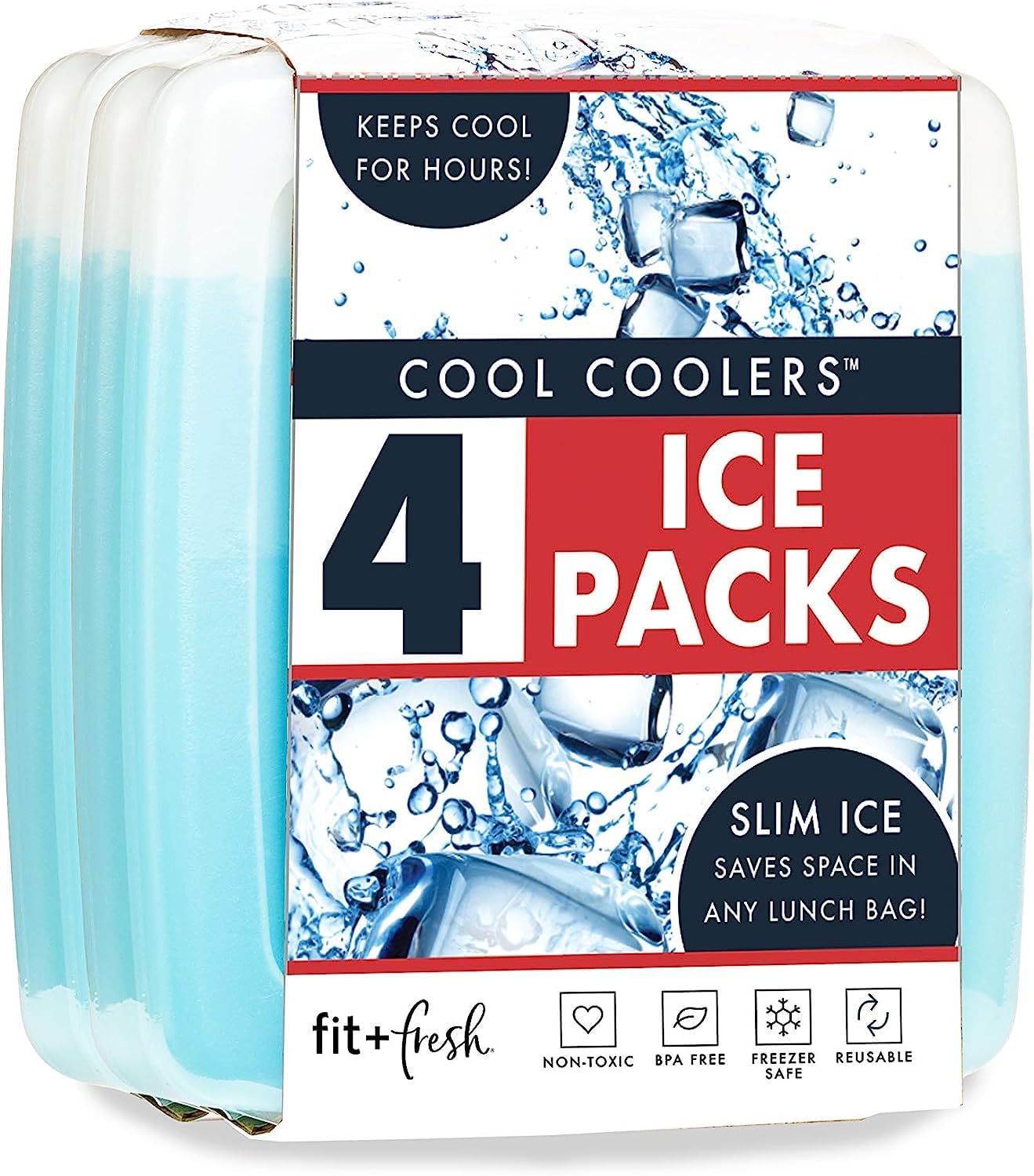 Cool Coolers จาก Fit Fresh แพ็คน้ำแข็งบาง 4 ชิ้น แช่แข็งอย่างรวดเร็ว ประหยัดพื้นที่ แพ็คน้ำแข็งแบบใช้ซ้ำได้สำหรับกล่องอาหารกลางวันหรือกระติกน้ำแข็ง สีน้ำเงิน