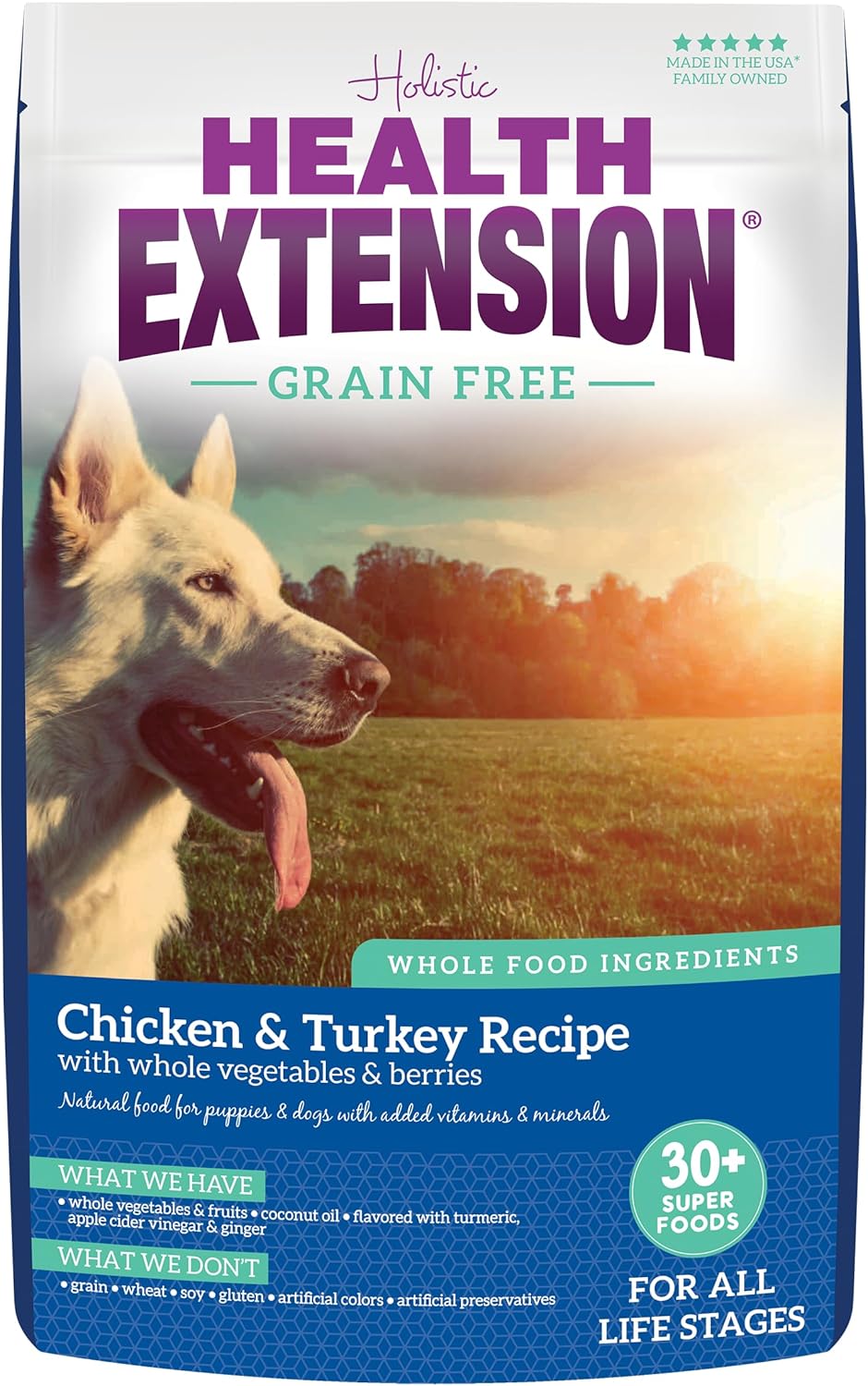 Nourriture sèche pour chiens Health Extension sans céréales au poulet et à la dinde (4,54 kg) - Formule d'ingrédients complets contenant un mélange de curcuma et d'antioxydants pour les chiens à tous les âges de leur vie