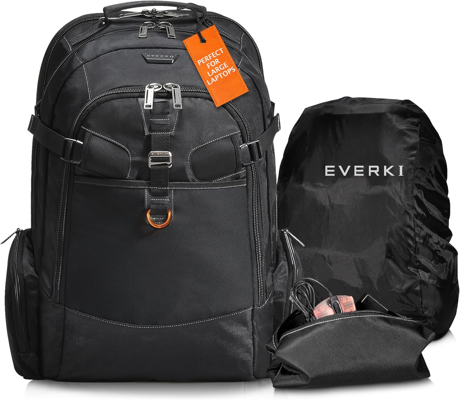 Everki Business 120 กระเป๋าเป้สะพายหลังใส่โน้ตบุ๊กสำหรับธุรกิจพร้อมผ้าคลุมกันฝน - ช่องใส่โน้ตบุ๊กขนาดใหญ่พิเศษ สูงสุด 18.4 นิ้ว ความจุ 40 ลิตร พร้อมดีไซน์พับออกได้ 180 องศา กระเป๋าใส่โน้ตบุ๊กสำหรับทำงานหรือเล่นเกม (EKP120) สีดำ