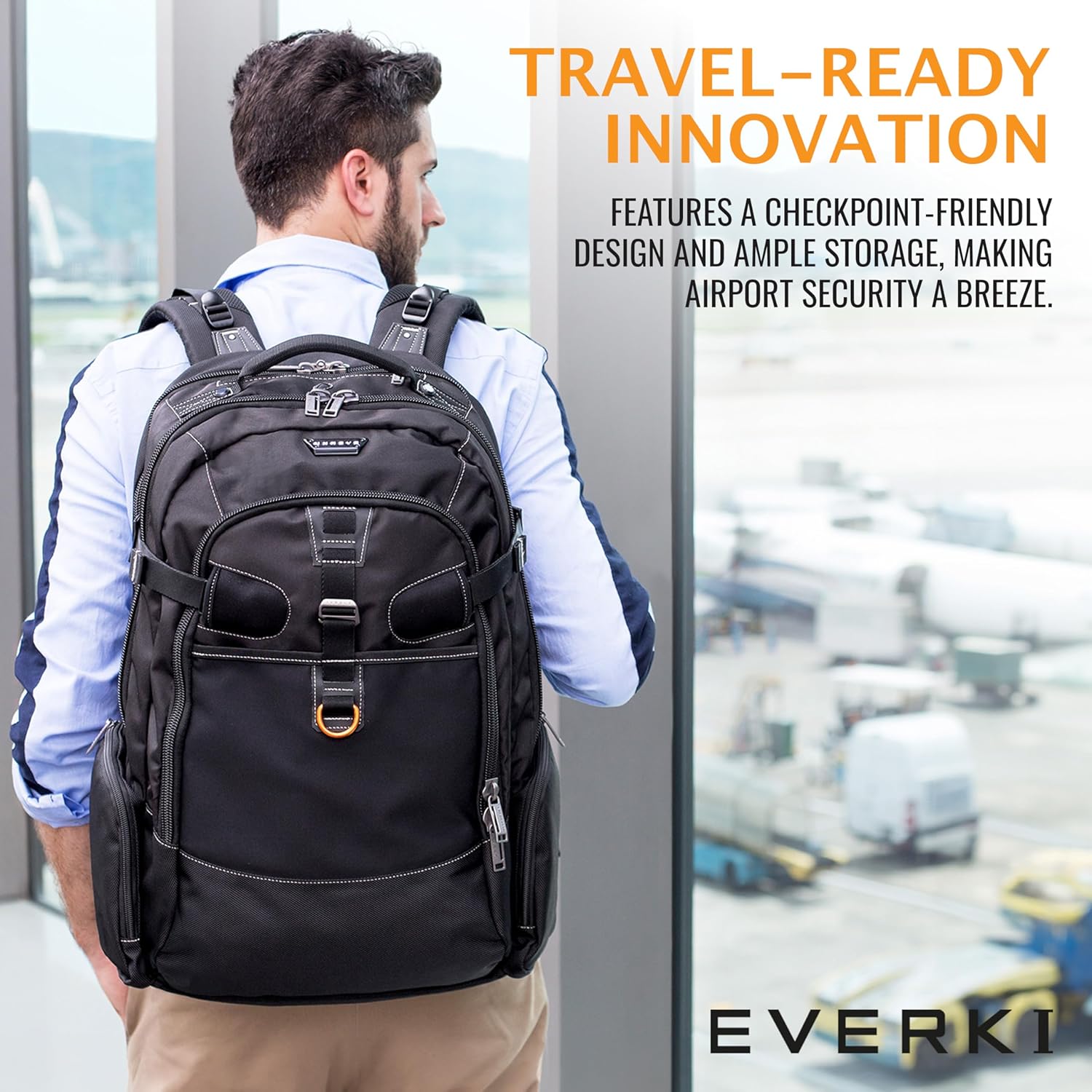 Everki Business 120 กระเป๋าเป้สะพายหลังใส่โน้ตบุ๊กสำหรับธุรกิจพร้อมผ้าคลุมกันฝน - ช่องใส่โน้ตบุ๊กขนาดใหญ่พิเศษ สูงสุด 18.4 นิ้ว ความจุ 40 ลิตร พร้อมดีไซน์พับออกได้ 180 องศา กระเป๋าใส่โน้ตบุ๊กสำหรับทำงานหรือเล่นเกม (EKP120) สีดำ