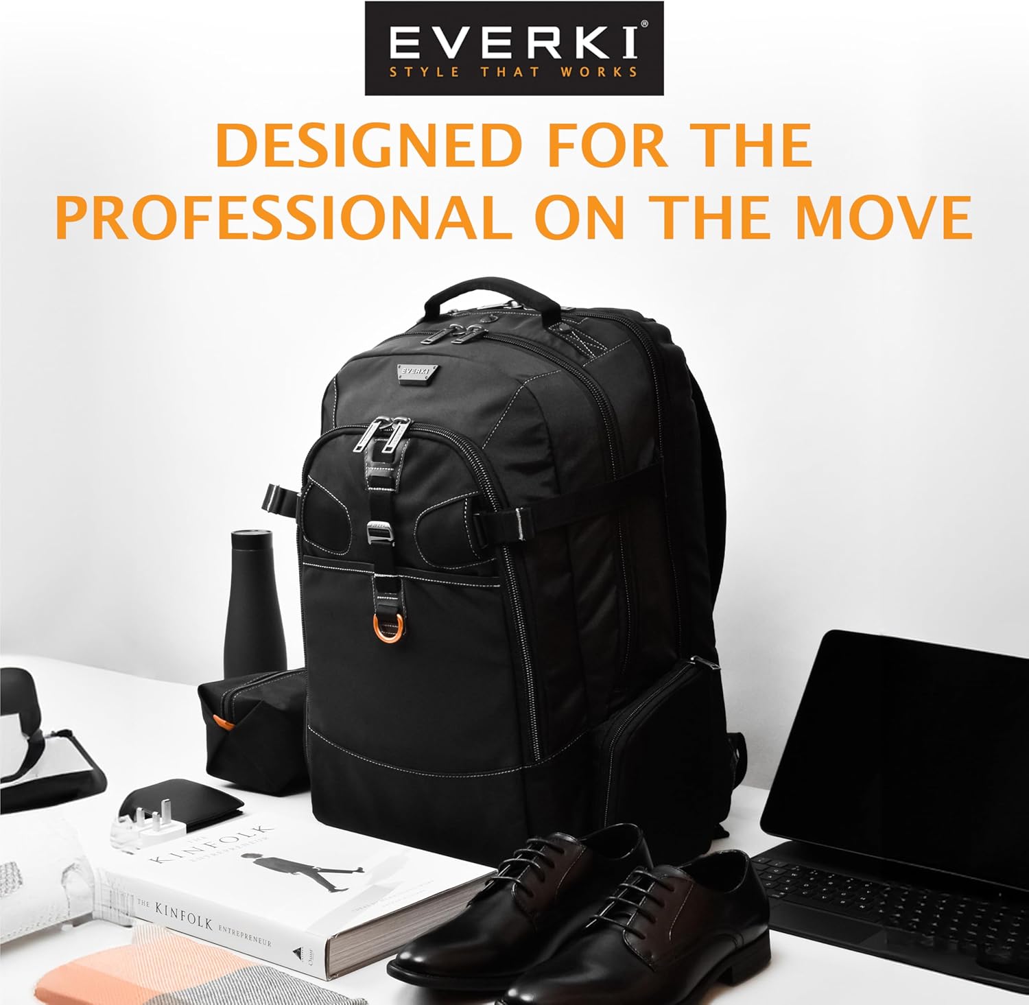 Everki Business 120 กระเป๋าเป้สะพายหลังใส่โน้ตบุ๊กสำหรับธุรกิจพร้อมผ้าคลุมกันฝน - ช่องใส่โน้ตบุ๊กขนาดใหญ่พิเศษ สูงสุด 18.4 นิ้ว ความจุ 40 ลิตร พร้อมดีไซน์พับออกได้ 180 องศา กระเป๋าใส่โน้ตบุ๊กสำหรับทำงานหรือเล่นเกม (EKP120) สีดำ