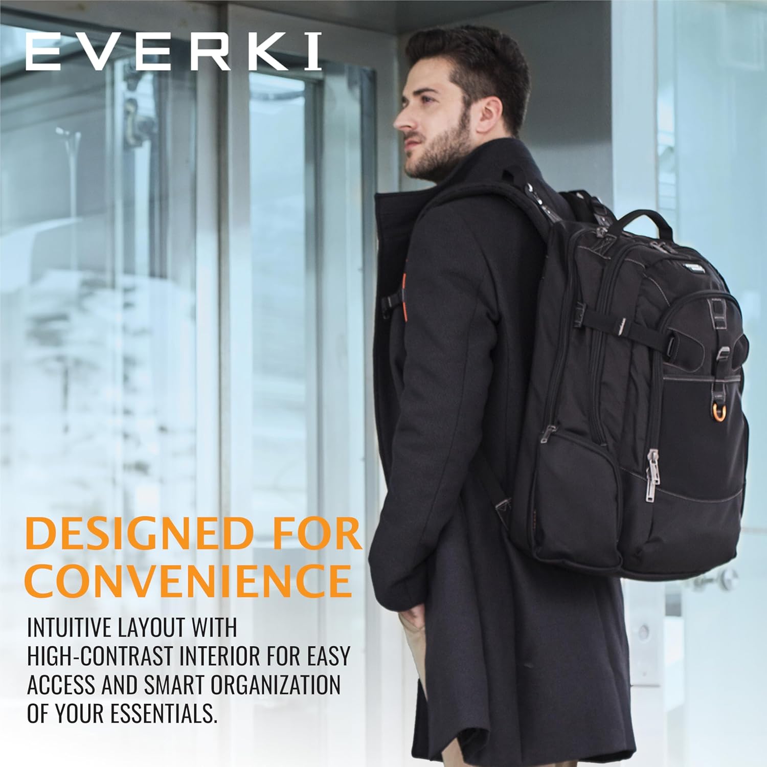 Everki Business 120 กระเป๋าเป้สะพายหลังใส่โน้ตบุ๊กสำหรับธุรกิจพร้อมผ้าคลุมกันฝน - ช่องใส่โน้ตบุ๊กขนาดใหญ่พิเศษ สูงสุด 18.4 นิ้ว ความจุ 40 ลิตร พร้อมดีไซน์พับออกได้ 180 องศา กระเป๋าใส่โน้ตบุ๊กสำหรับทำงานหรือเล่นเกม (EKP120) สีดำ