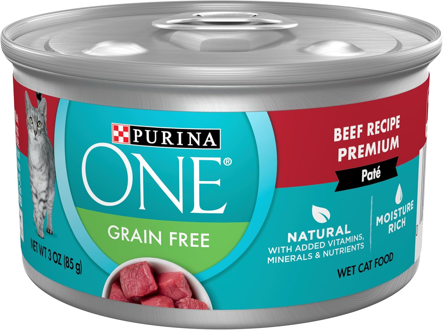 Paté de comida húmeda para gatos Purina ONE, natural, rico en proteínas y sin cereales, receta de ternera, paquete de 24, latas con tapa abatible de 3 onzas