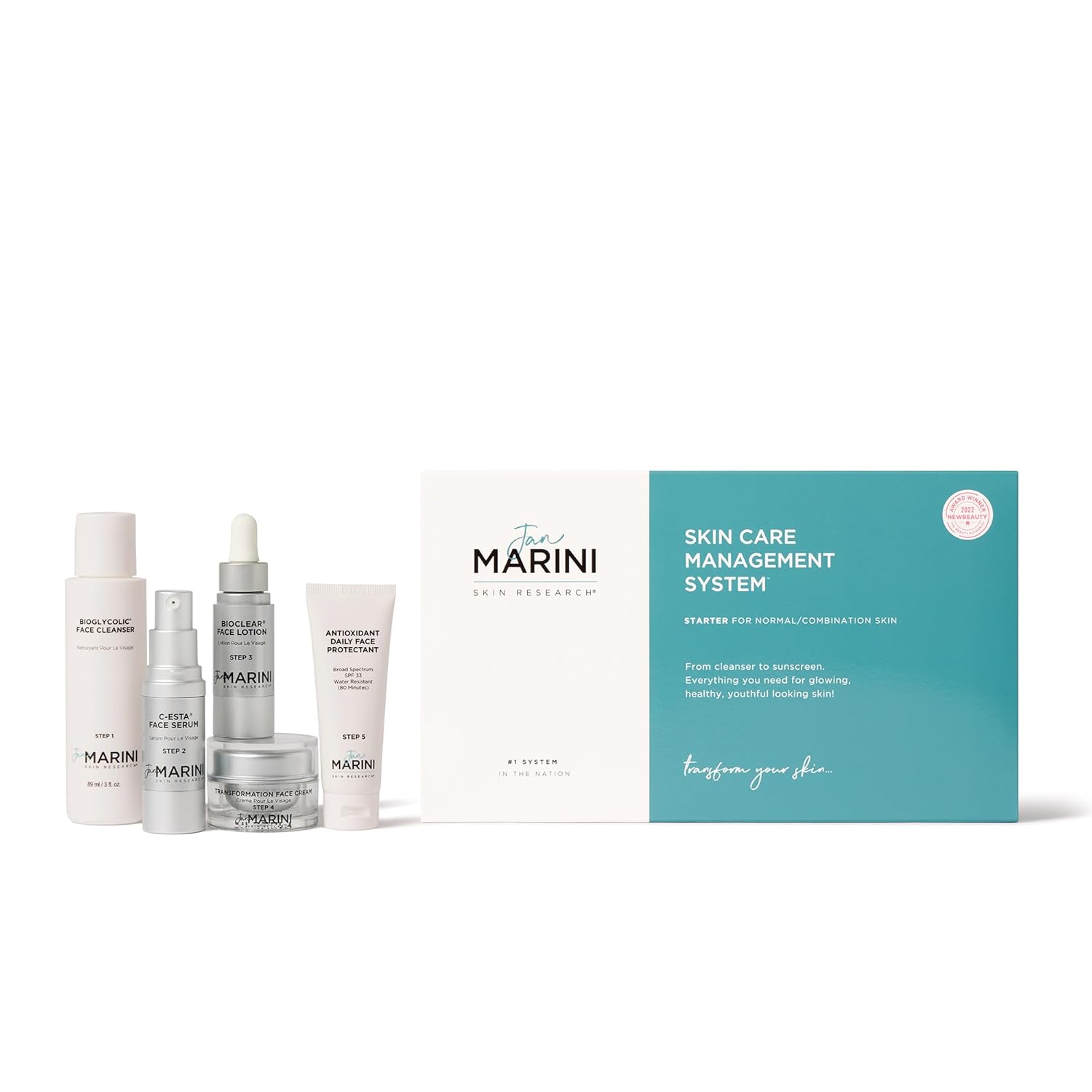 Jan Marini Starter Skin Care Management System - ระบบดูแลผิวสำหรับผิวธรรมดาหรือผิวผสม - ชุดผลิตภัณฑ์ดูแลผิวขนาดเดินทางพร้อมคลีนเซอร์ เซรั่มบำรุงผิวหน้า โลชั่นบำรุงผิวหน้า ครีมบำรุงผิวหน้า ครีมกันแดด
