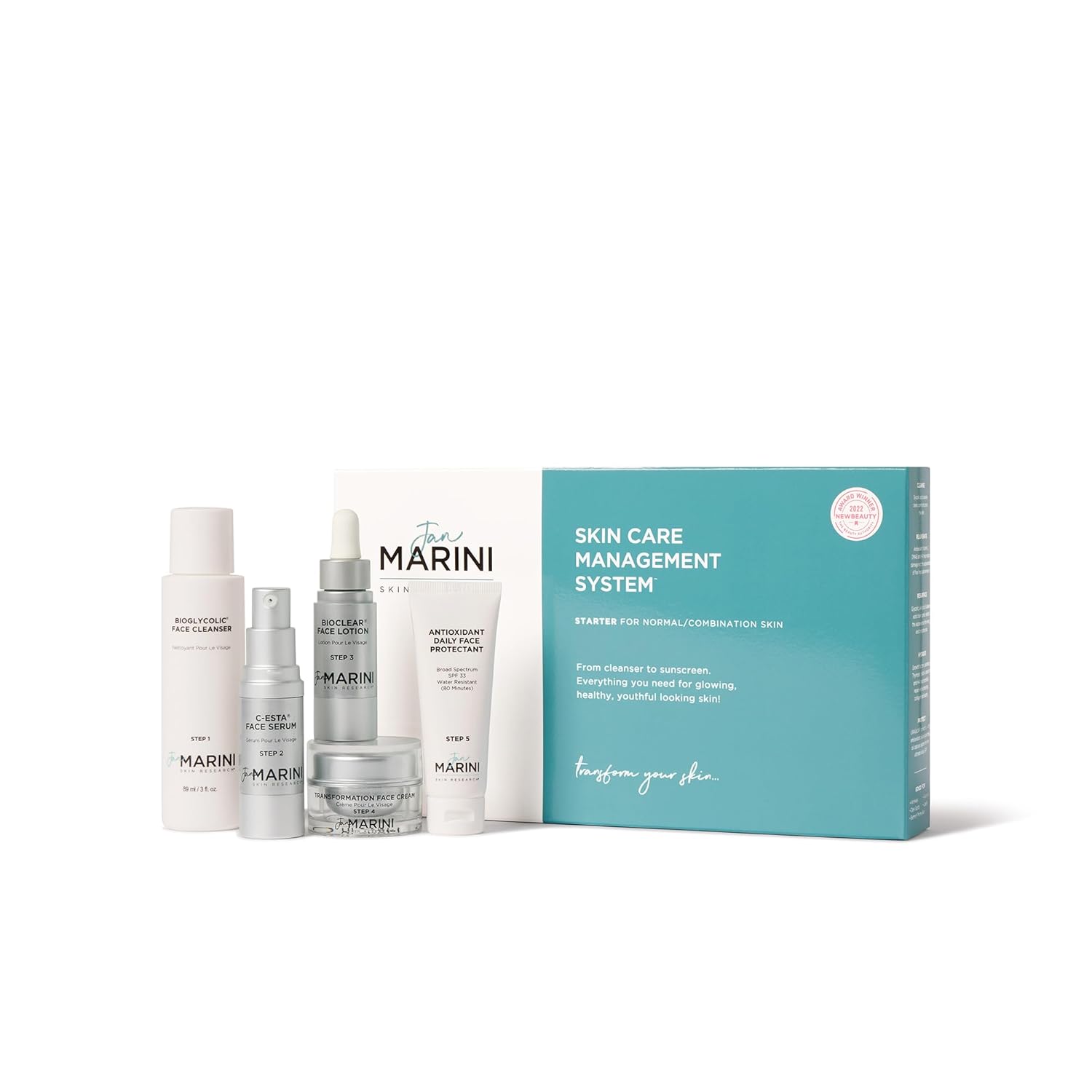 Jan Marini Starter Skin Care Management System - ระบบดูแลผิวสำหรับผิวธรรมดาหรือผิวผสม - ชุดผลิตภัณฑ์ดูแลผิวขนาดเดินทางพร้อมคลีนเซอร์ เซรั่มบำรุงผิวหน้า โลชั่นบำรุงผิวหน้า ครีมบำรุงผิวหน้า ครีมกันแดด