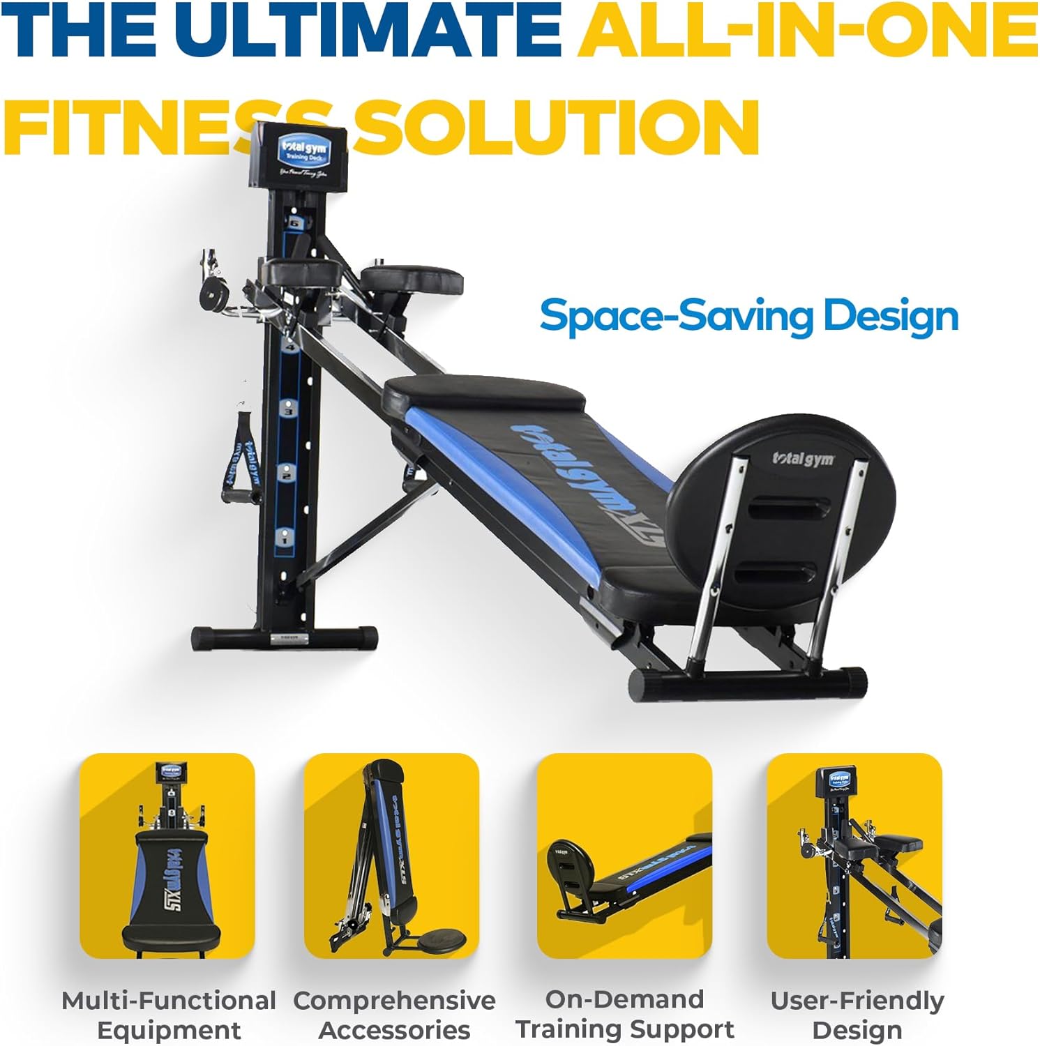 Appareil universel d'entraînement à domicile Total Gym XLS pour homme/femme, avec support accroupi, tire-jambes, 2 poignets aux chevilles et tableau d'exercices