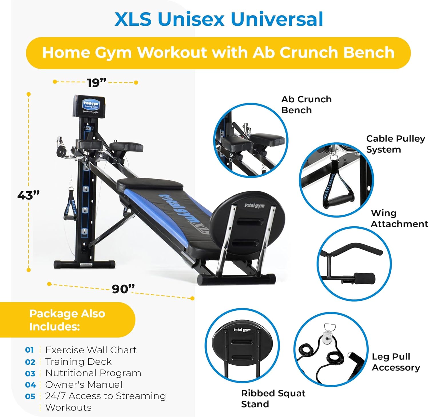 Appareil universel d'entraînement à domicile Total Gym XLS pour homme/femme, avec support accroupi, tire-jambes, 2 poignets aux chevilles et tableau d'exercices