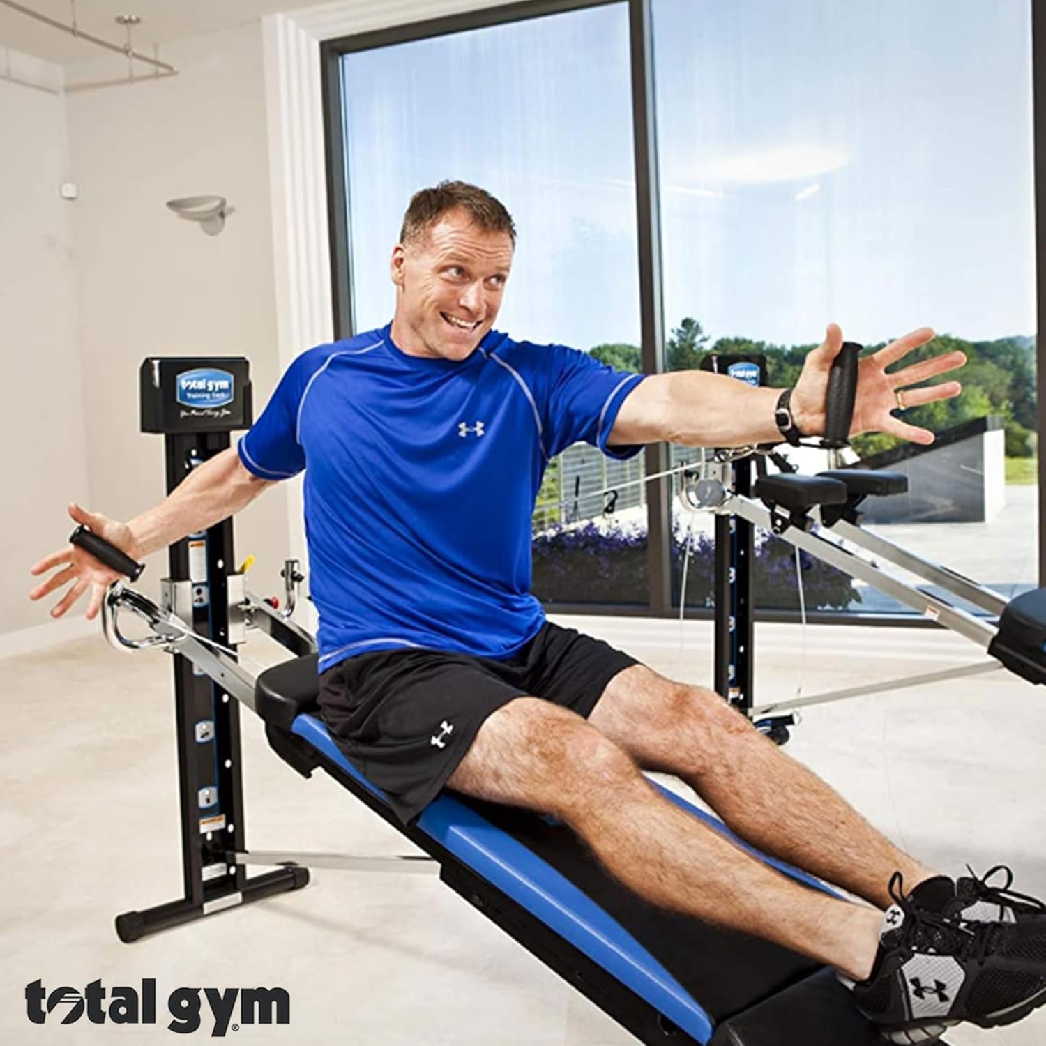 Appareil universel d'entraînement à domicile Total Gym XLS pour homme/femme, avec support accroupi, tire-jambes, 2 poignets aux chevilles et tableau d'exercices
