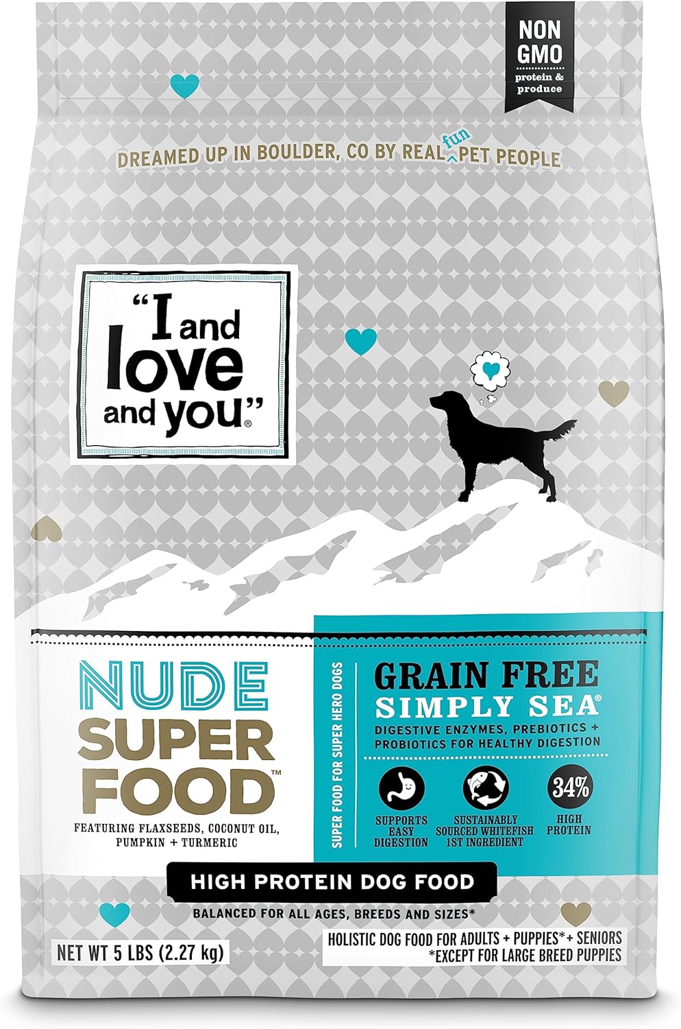 طعام الكلاب الجاف \أنا وأحبك وأنت\ Nude Super Food - سمك السلمون الأبيض - بريبايوتيك بروبيوتيك، خالٍ من الحبوب، لحوم حقيقية، بدون مواد مالئة، كيس 5 رطل