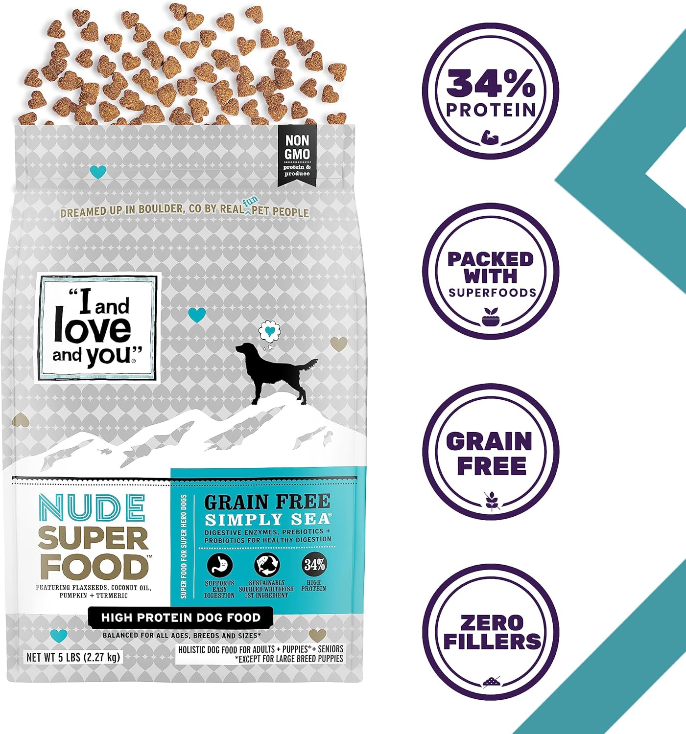 طعام الكلاب الجاف \أنا وأحبك وأنت\ Nude Super Food - سمك السلمون الأبيض - بريبايوتيك بروبيوتيك، خالٍ من الحبوب، لحوم حقيقية، بدون مواد مالئة، كيس 5 رطل