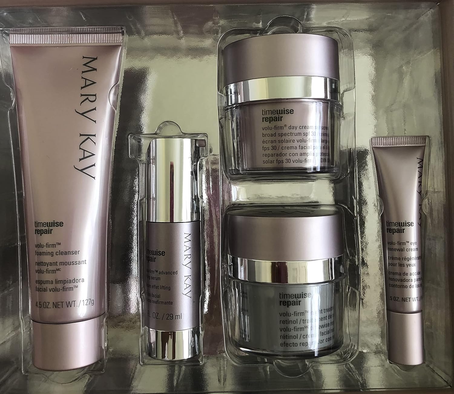 Mary Kay NOWY TimeWise Repair Volu-Firm 5 Zestaw produktów Adv Skin Care PEŁNY ROZMIAR! w tym krem na dzień z SPF 30/krem do pielęgnacji na nocę/krem pod oczy/surowica/środek czyszczący/sprzedaż detaliczna $199,00 nowy wysyłany następnego dnia biznesowego