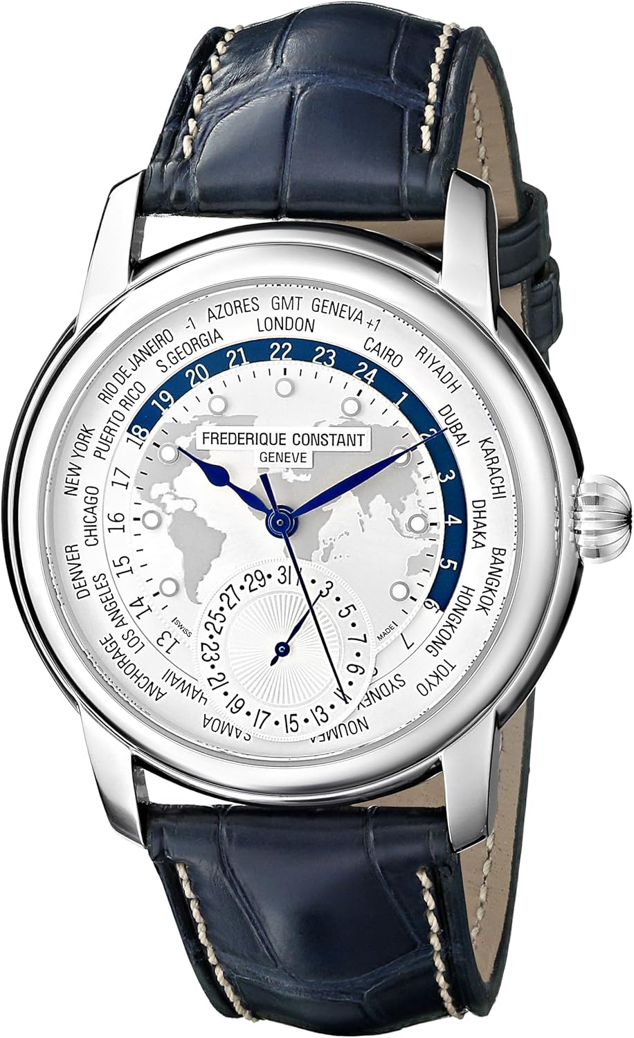 Frederique Constant Mens 'World Timer' Silver Dial Blue Leather Strap Swiss Automatic Watch FC-718WM4H6 · v5