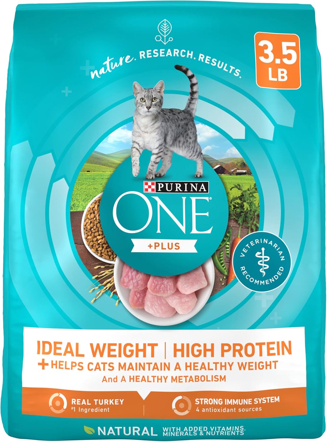 Alimento seco para gatos Purina ONE con alto contenido de proteínas y peso saludable, además de peso ideal con pavo, bolsa de 3.5 libras