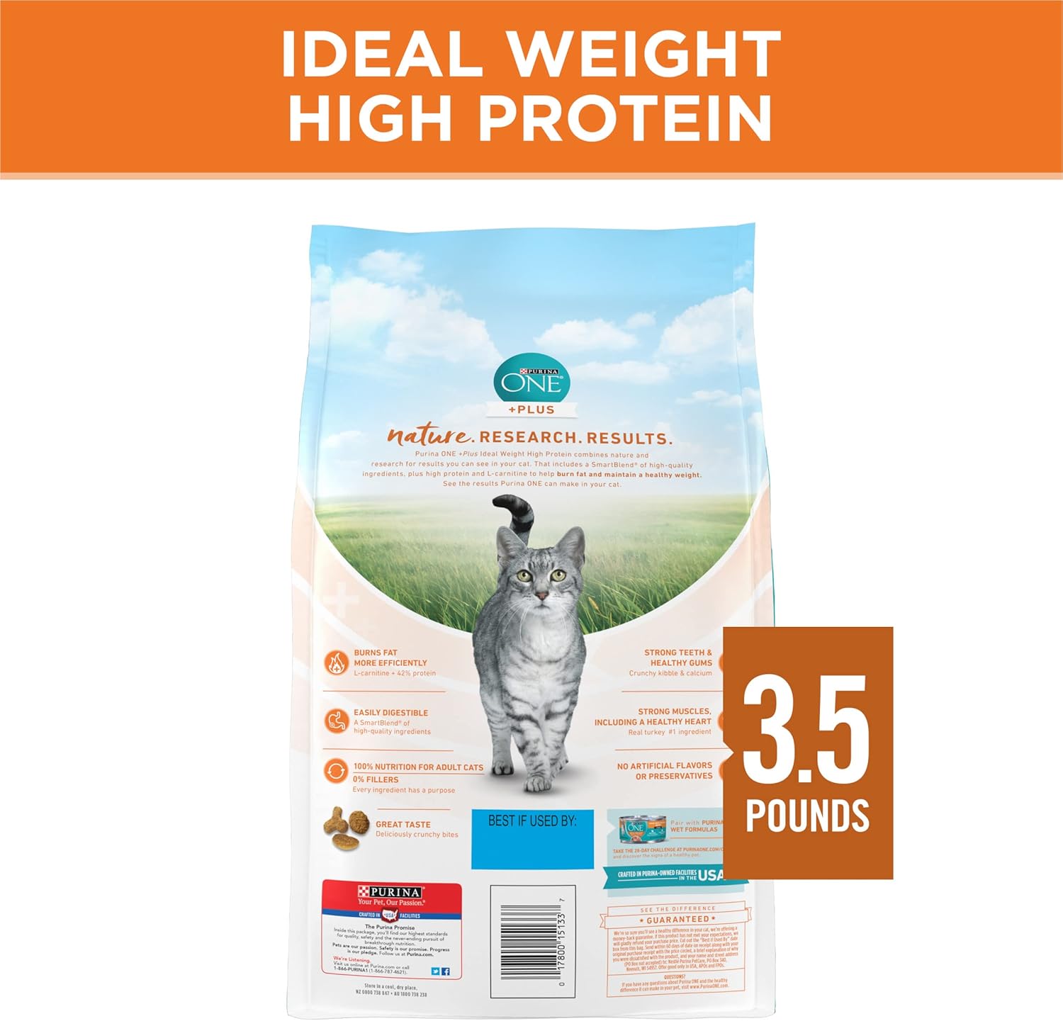 Alimento seco para gatos Purina ONE con alto contenido de proteínas y peso saludable, además de peso ideal con pavo, bolsa de 3.5 libras