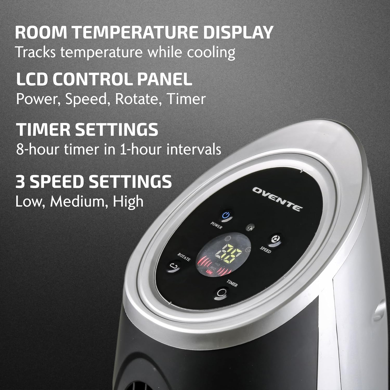 Ovente Oscillating Tower Remote Control, 3-Speed LCD Panel  8H Timer, 30.5 Quiet amp; Bladeless Indoor Standing Floor Fan, Blows Cold Air for Home, Bedroom, Living Room or Office, Silver TF88S