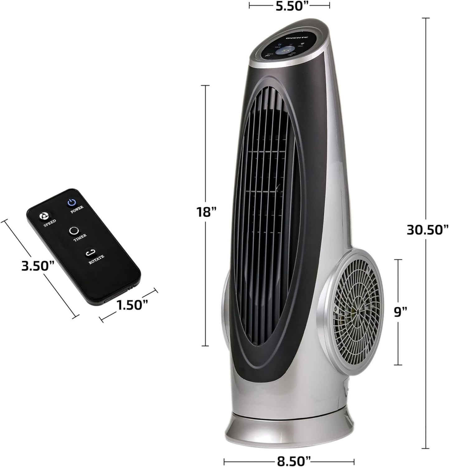 Ovente Oscillating Tower Remote Control, 3-Speed LCD Panel  8H Timer, 30.5 Quiet amp; Bladeless Indoor Standing Floor Fan, Blows Cold Air for Home, Bedroom, Living Room or Office, Silver TF88S