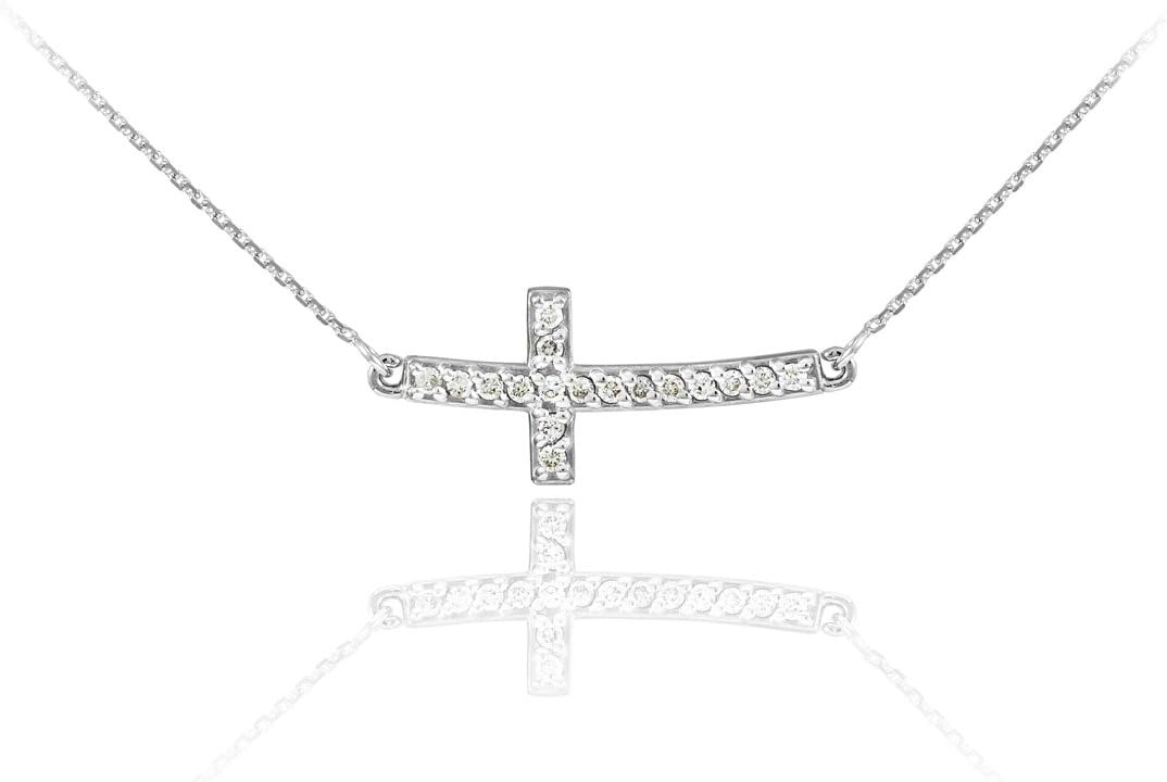 Collar de oro blanco de 14 quilates con diamantes en los laterales, bonita cruz curva