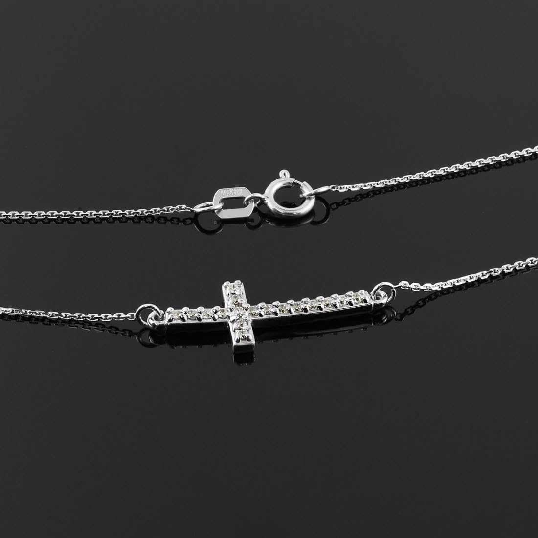 14k witgouden halsketting met zijdelingse diamanten, schattige gebogen kruisketting