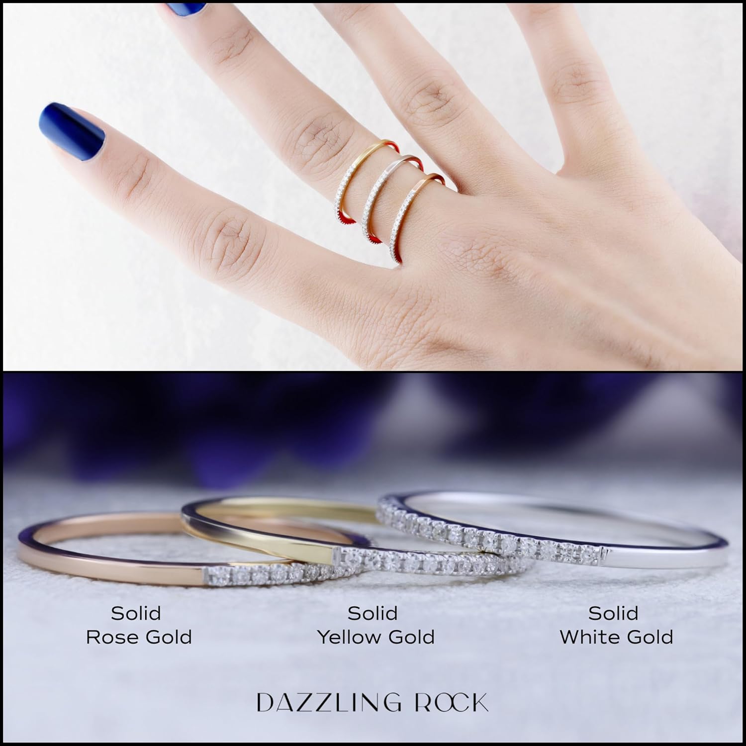 แหวนแต่งงานแบบซ้อนได้สไตล์มินิมอลสำหรับผู้หญิงจากคอลเลกชัน Dazzlingrock ประดับเพชรกลมสีขาว น้ำหนัก 0.08 กะรัต ในทองคำแท้ 10K