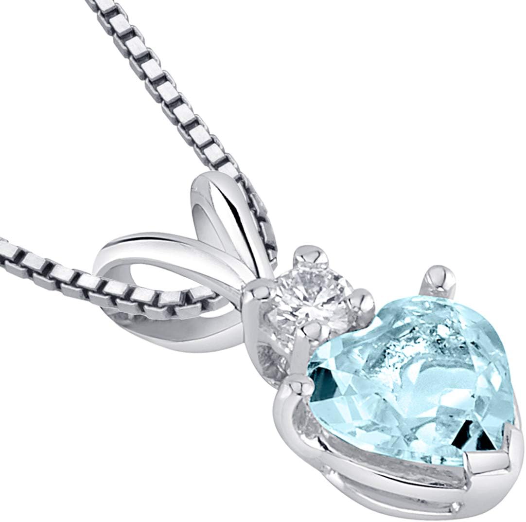 จี้พลอยอะความารีนและเพชรทองคำขาว 14K ของ PEORA ทรงหัวใจเกรด AAA ขนาด 6 มม. รวมน้ำหนัก 0.75 กะรัต สร้อยคอพลอยอะความารีนสีน้ำเงิน สร้อยคอที่เกิดในเดือนมีนาคม พร้อมกล่องใส่เครื่องประดับ