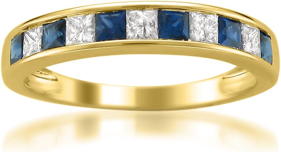 แหวนแต่งงานแบบขอบตัดทรง Princess Cut ทองคำเหลือง 14K ประดับเพชรน้ำหนัก 1.00 กะรัต สำหรับผู้หญิง (H-I, I1-I2) พร้อมกล่องของขวัญเพชรธรรมชาติ (เพชรทับทิมสีแดง เพชร และแซฟไฟร์สีน้ำเงิน)