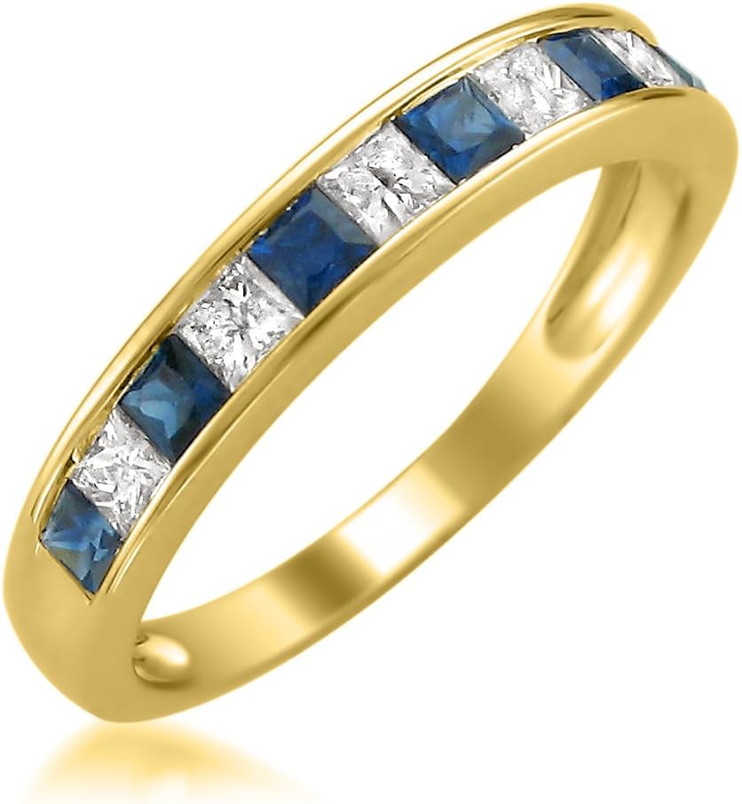 แหวนแต่งงานแบบขอบตัดทรง Princess Cut ทองคำเหลือง 14K ประดับเพชรน้ำหนัก 1.00 กะรัต สำหรับผู้หญิง (H-I, I1-I2) พร้อมกล่องของขวัญเพชรธรรมชาติ (เพชรทับทิมสีแดง เพชร และแซฟไฟร์สีน้ำเงิน)