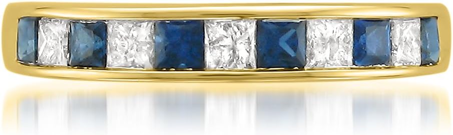 แหวนแต่งงานแบบขอบตัดทรง Princess Cut ทองคำเหลือง 14K ประดับเพชรน้ำหนัก 1.00 กะรัต สำหรับผู้หญิง (H-I, I1-I2) พร้อมกล่องของขวัญเพชรธรรมชาติ (เพชรทับทิมสีแดง เพชร และแซฟไฟร์สีน้ำเงิน)
