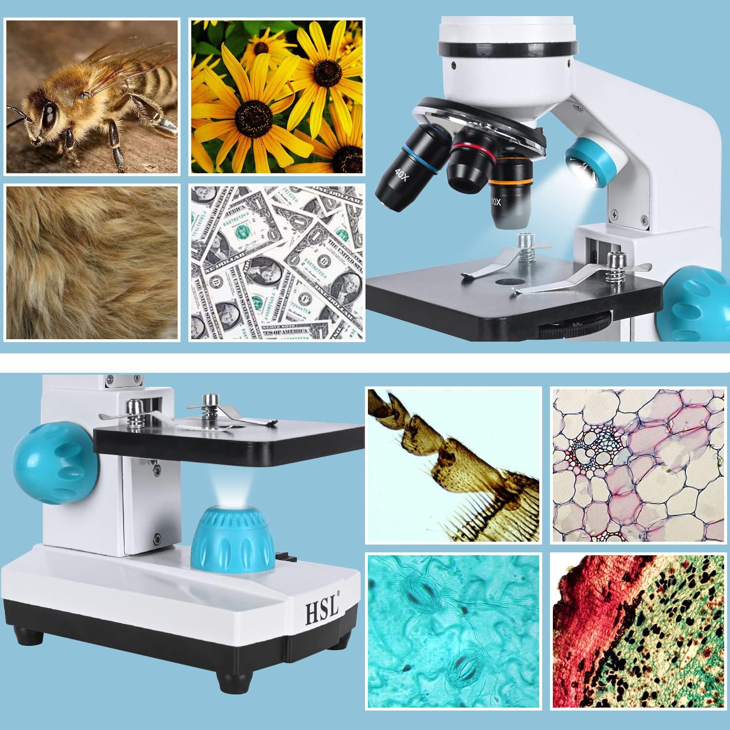 HSL 40X-2000X Microscope for Kids, Monocular Microscope Students Set  Handbag Phone Holder  Beginner Biological LAD Kit for Science Educational Boys Girls Toys LED