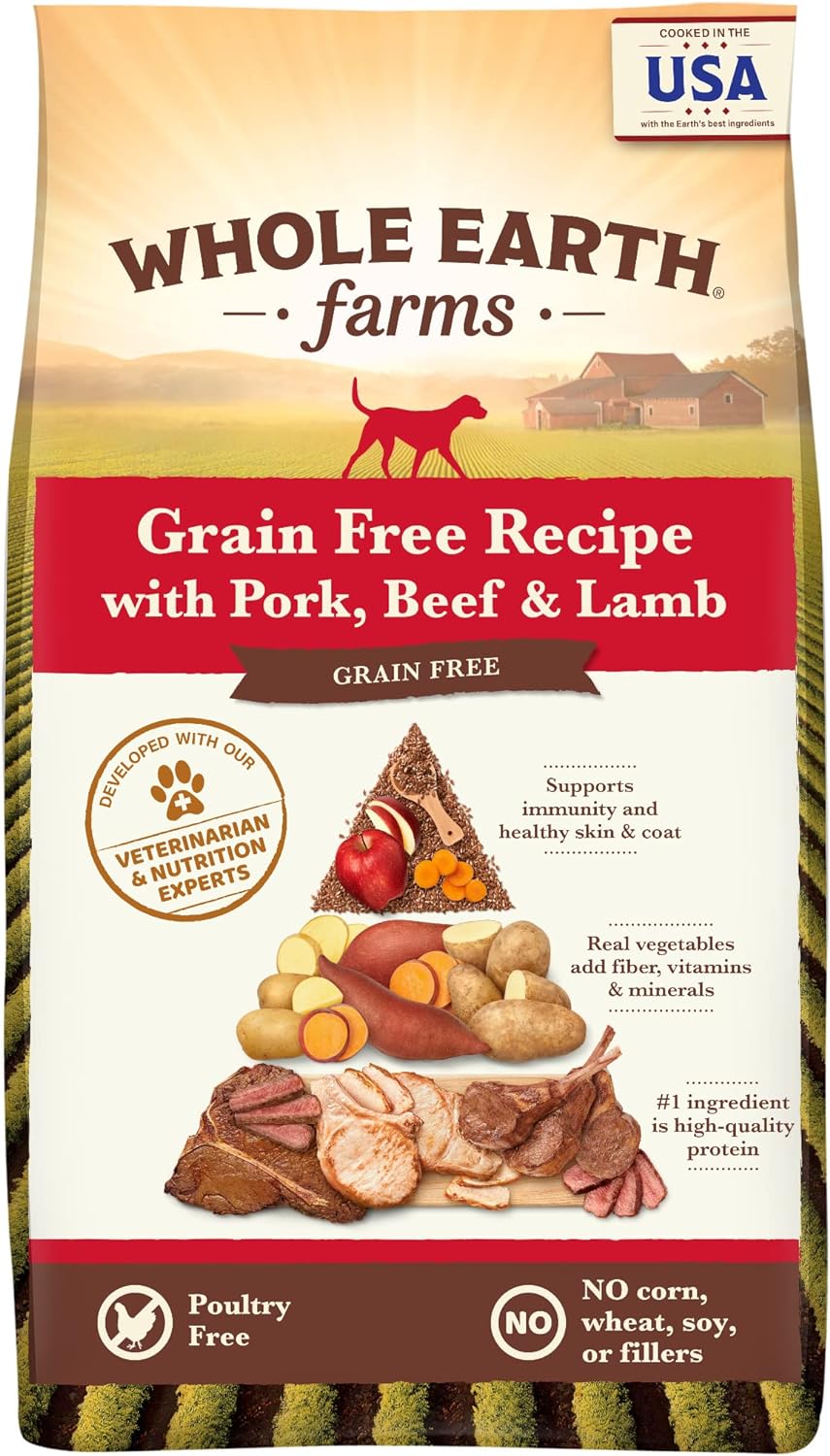 Whole Earth Farms 천연 곡물 무첨가 건조 사료, 건강하고 건강한 개 사료, 돼지고기, 소고기, 양고기 레시피 - 4파운드 가방