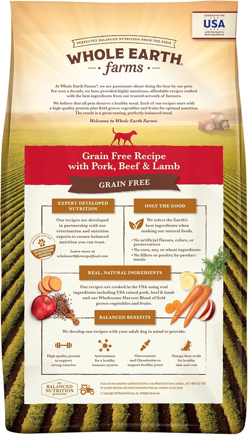 طعام كلاب صحي وكامل من Whole Earth Farms خالي من الحبوب الطبيعية، وصفة لحم الخنزير ولحم البقر ولحم الضأن - كيس 4 رطل