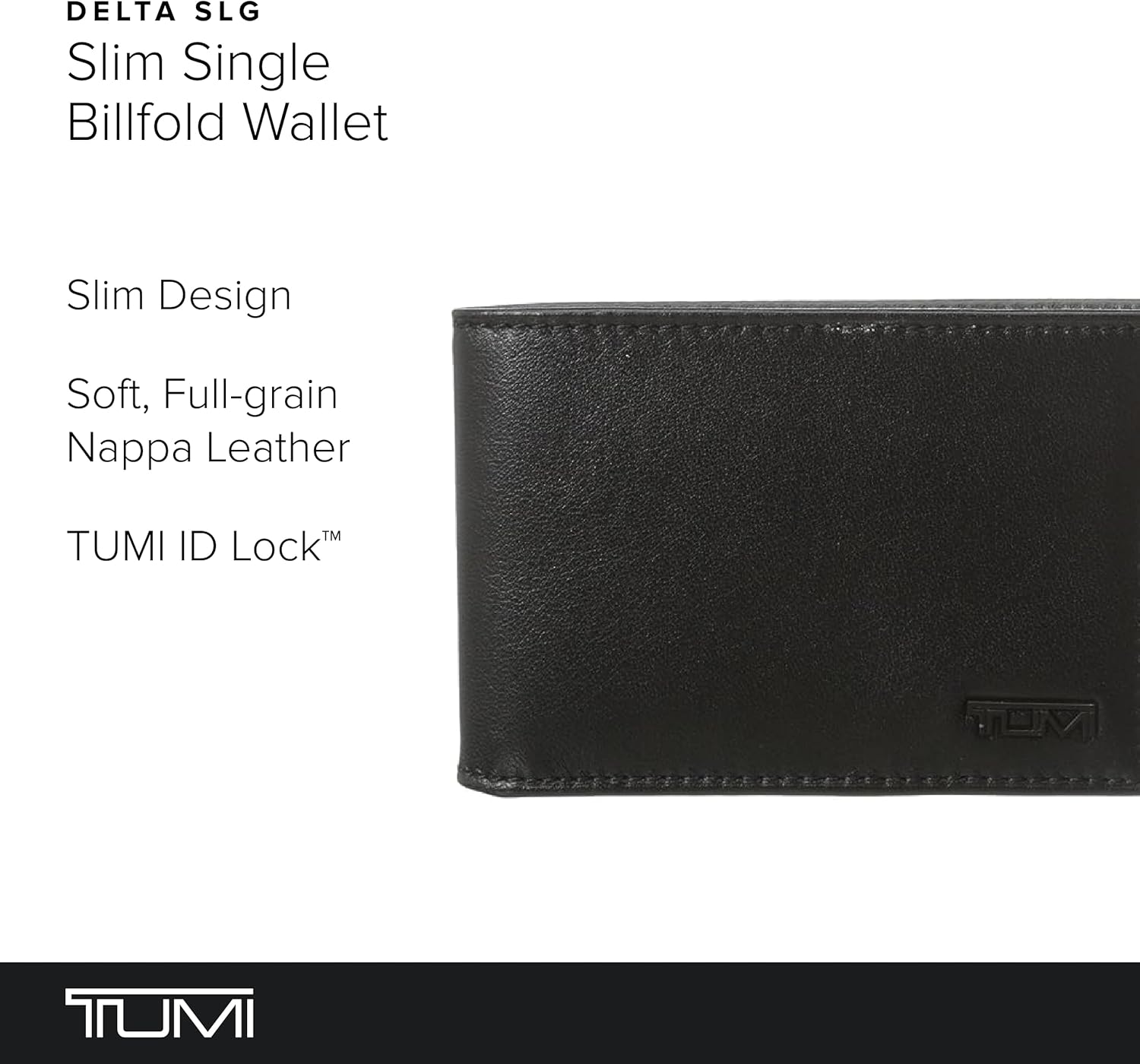 TUMI - Delta Slim Single Billfold Wallet - Leather Wallet - RFID Blocking Technology - Card Slots, Pockets - 4 x 3" - Black