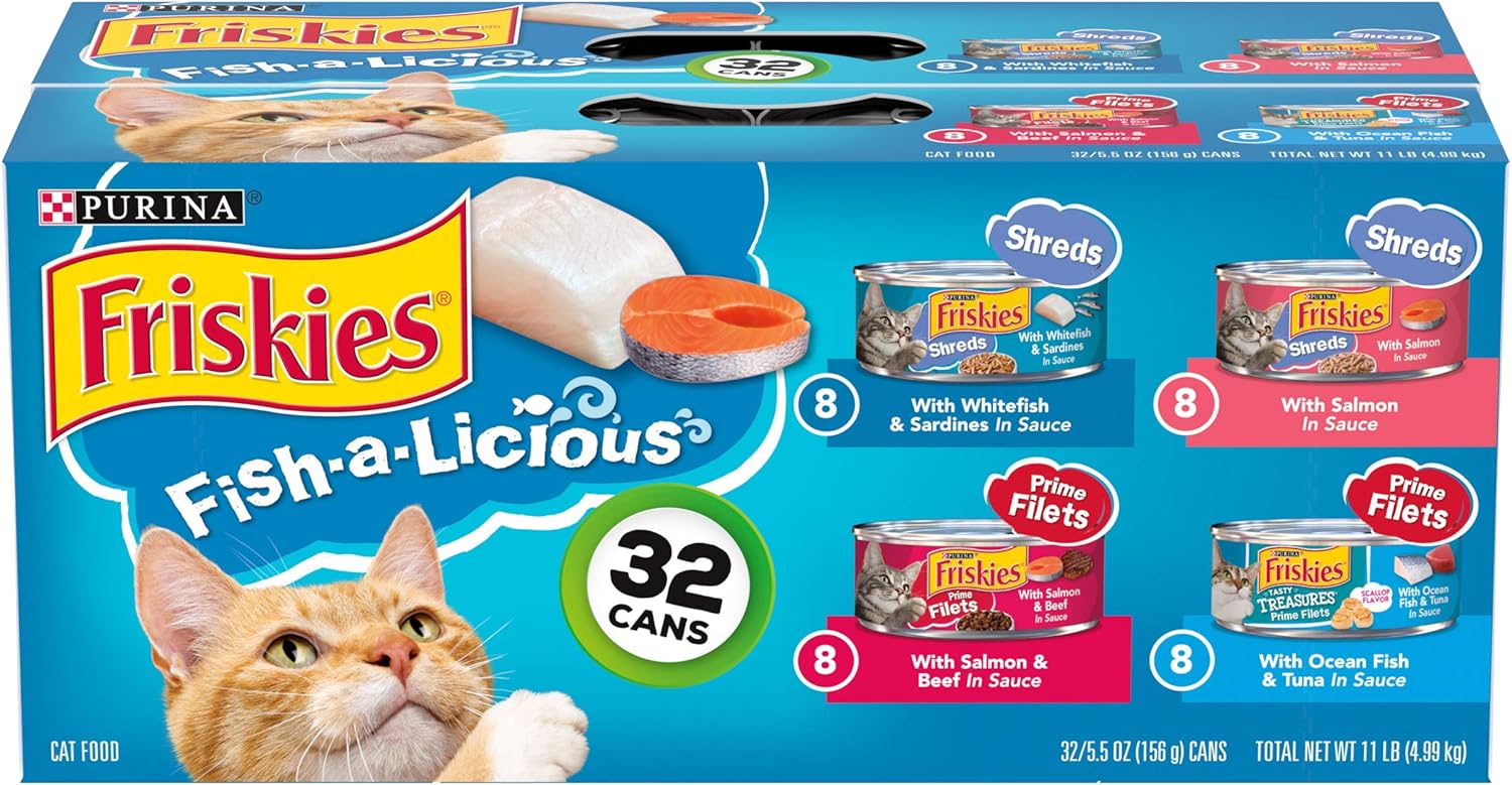 Nourriture humide pour chats Purina Friskies, Fish-A-Licious Shreds, Prime Filets Tasty Treasures - (lot de 32) boîtes de 5,5 oz