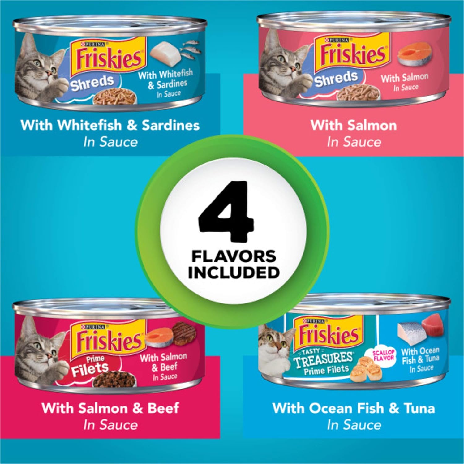 Paquete variado de comida húmeda para gatos Purina Friskies, Fish-A-Licious Shreds, Prime Filets Tasty Treasures (paquete de 32) latas de 5.5 oz