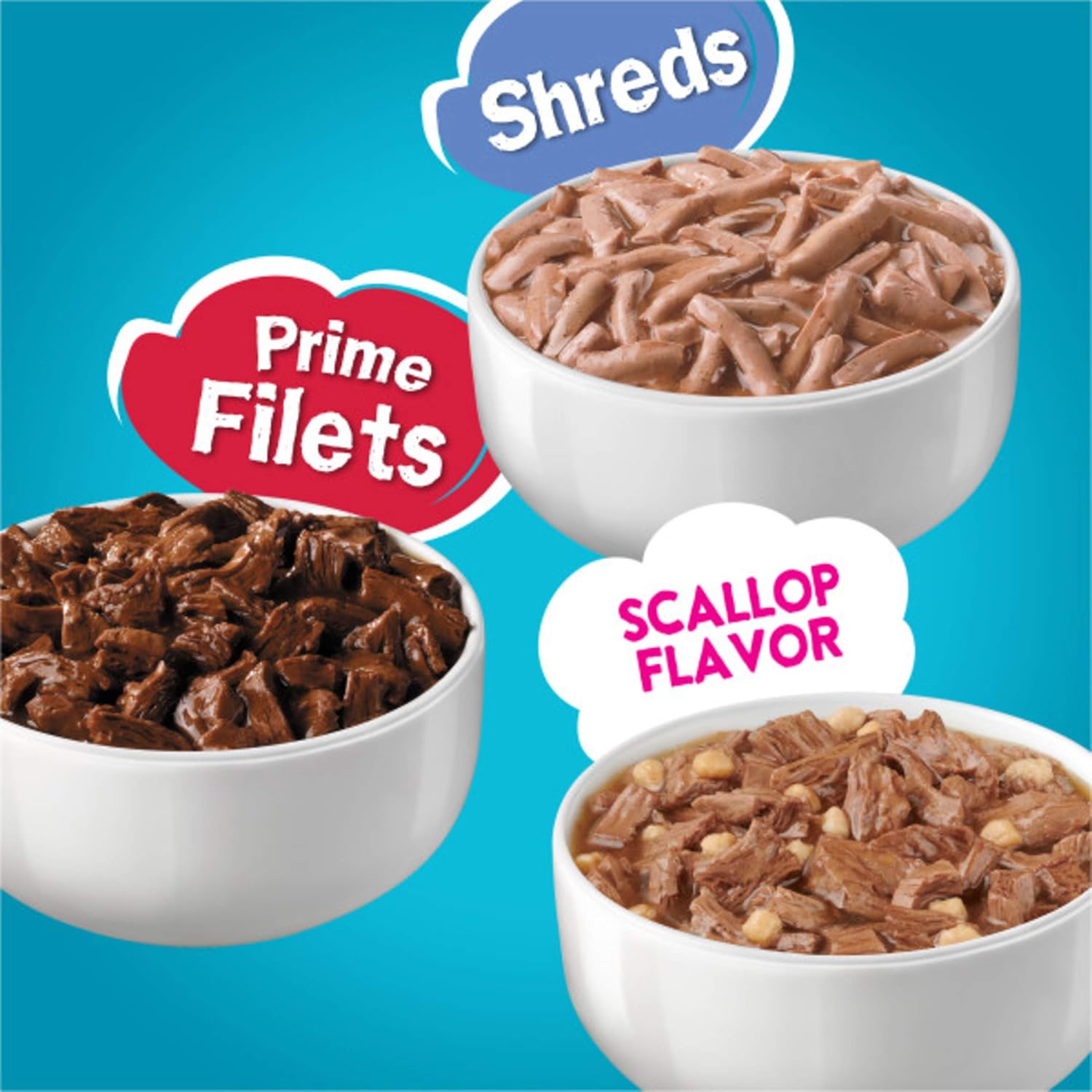 Paquete variado de comida húmeda para gatos Purina Friskies, Fish-A-Licious Shreds, Prime Filets Tasty Treasures (paquete de 32) latas de 5.5 oz