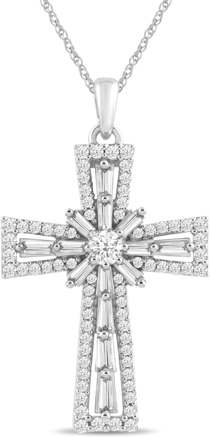 Collana con ciondolo a croce in oro bianco 10 carati Amazon Essentials (1 cttw), 18 (precedentemente collezione Amazon)