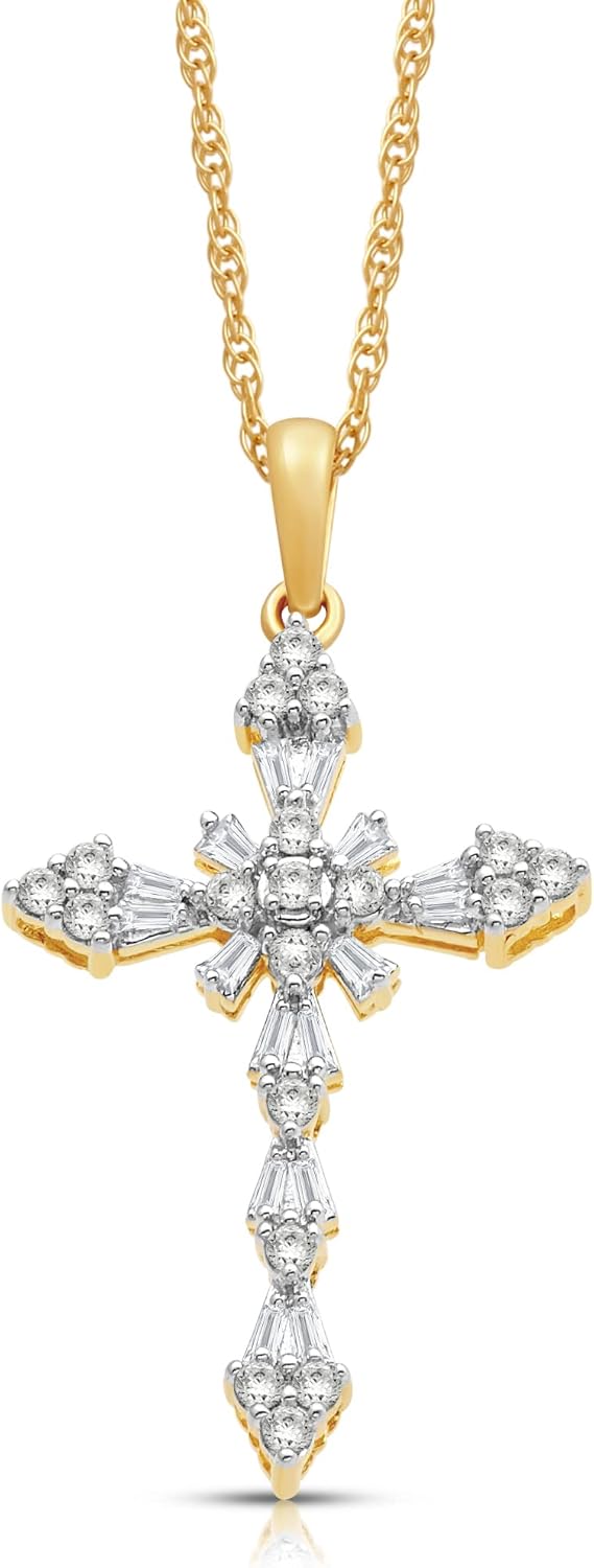 Jewelili Cross Pendant Necklace in 10K White and Yellow Gold with 1/2 Cttw Natural White round and baguette Diamonds 18 Rope Chain · v2