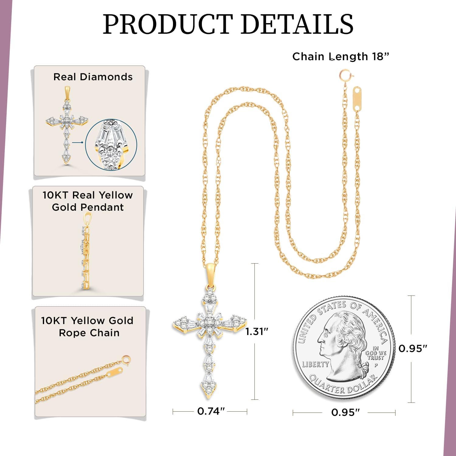 Jewelili Halskette mit Kreuzanhänger aus 10 Karat Weiß- und Gelbgold mit 1/2 Karat natürlicher weißer, runder und baguette-Diamantenkette mit 18 Seilen
