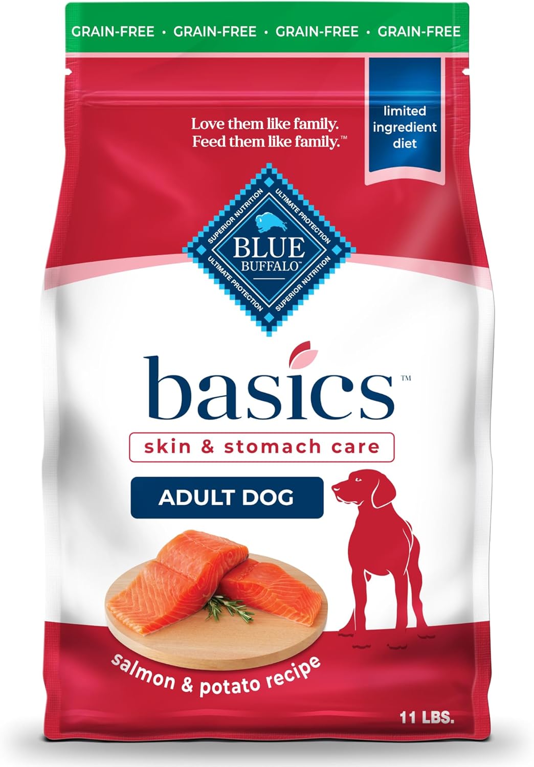 Alimento seco para perros sin cereales Blue Buffalo Basics para perros adultos, dieta con ingredientes limitados, receta de salmón, 11 libras Bolsa