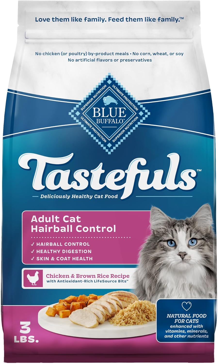 Alimento seco para gatos Blue Buffalo Tastefuls Adult Ball Care, fabricado en los Estados Unidos con ingredientes naturales, receta de arroz integral con pollo, 3 libras Bolsa