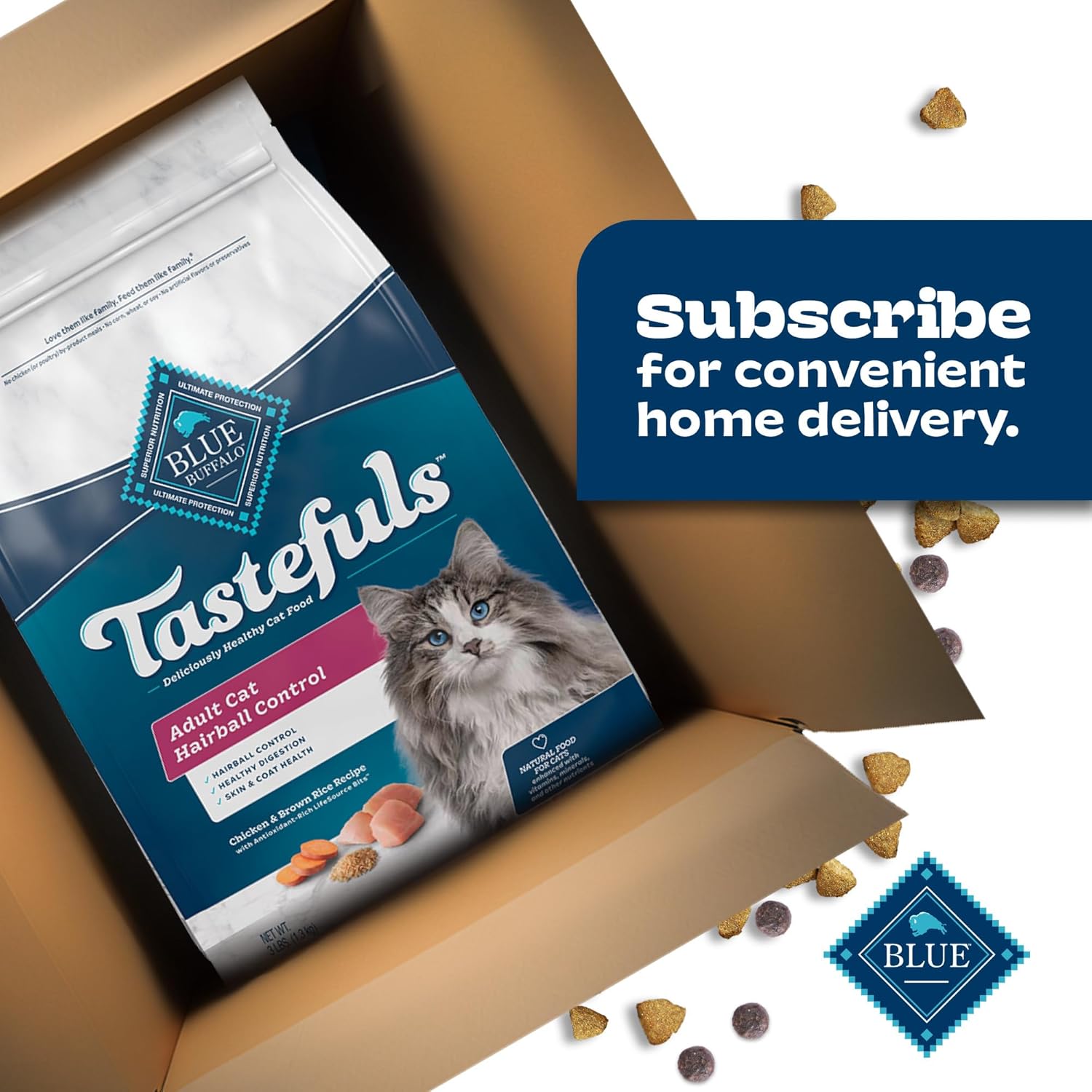 Alimento seco para gatos Blue Buffalo Tastefuls Adult Ball Care, fabricado en los Estados Unidos con ingredientes naturales, receta de arroz integral con pollo, 3 libras Bolsa