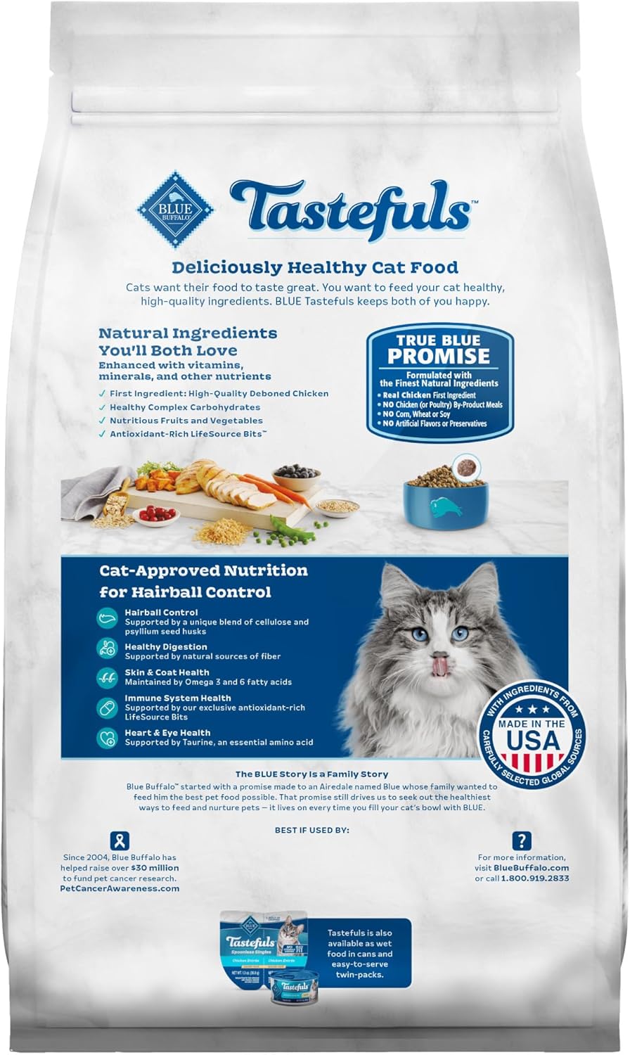 Alimento seco para gatos Blue Buffalo Tastefuls Adult Ball Care, fabricado en los Estados Unidos con ingredientes naturales, receta de arroz integral con pollo, 3 libras Bolsa
