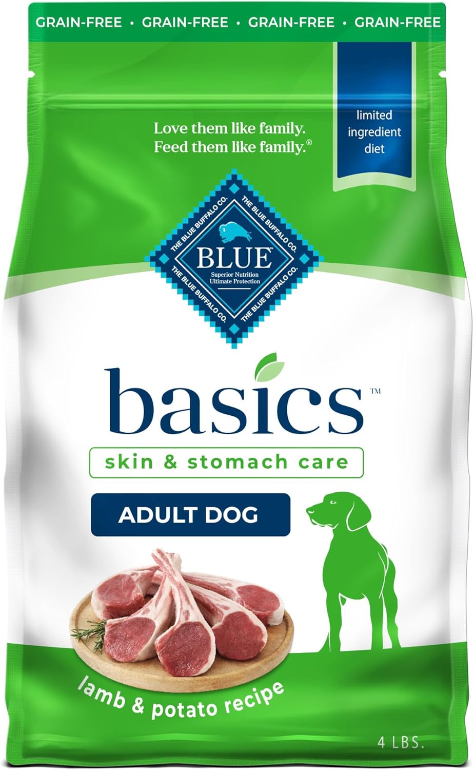 Nourriture sèche sans céréales Blue Buffalo Basics pour chiens pour adultes, pour les soins de la peau et de l'estomac, alimentation limitée en ingrédients, fabriquée aux États-Unis avec des ingrédients naturels, recette d'agneau et de pommes de terre, 4 livres. Sac
