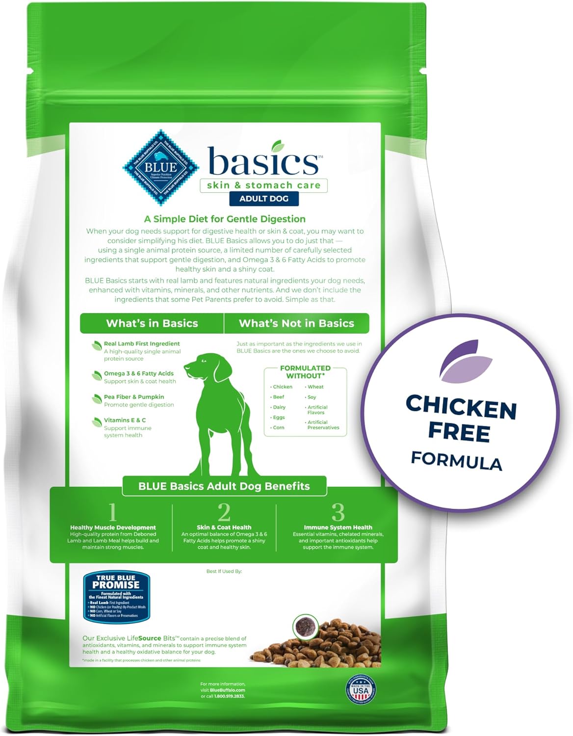 Blue Buffalo Basics Getreidefreies Trockenfutter für Hunde zur Haut- und Magenpflege für Erwachsene, Diät mit begrenzten Inhaltsstoffen, Hergestellt in den USA mit natürlichen Inhaltsstoffen, Lamm- und Kartoffelrezept, 4 Pfund. Tasche