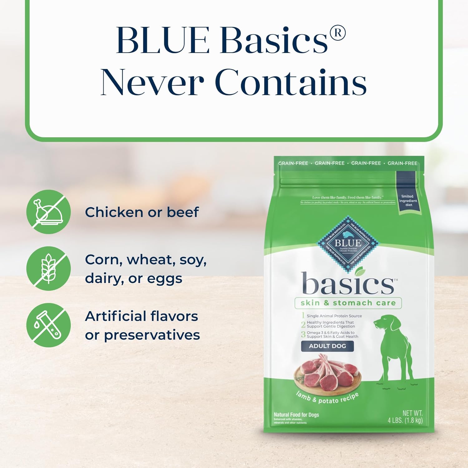 Blue Buffalo Basics Getreidefreies Trockenfutter für Hunde zur Haut- und Magenpflege für Erwachsene, Diät mit begrenzten Inhaltsstoffen, Hergestellt in den USA mit natürlichen Inhaltsstoffen, Lamm- und Kartoffelrezept, 4 Pfund. Tasche