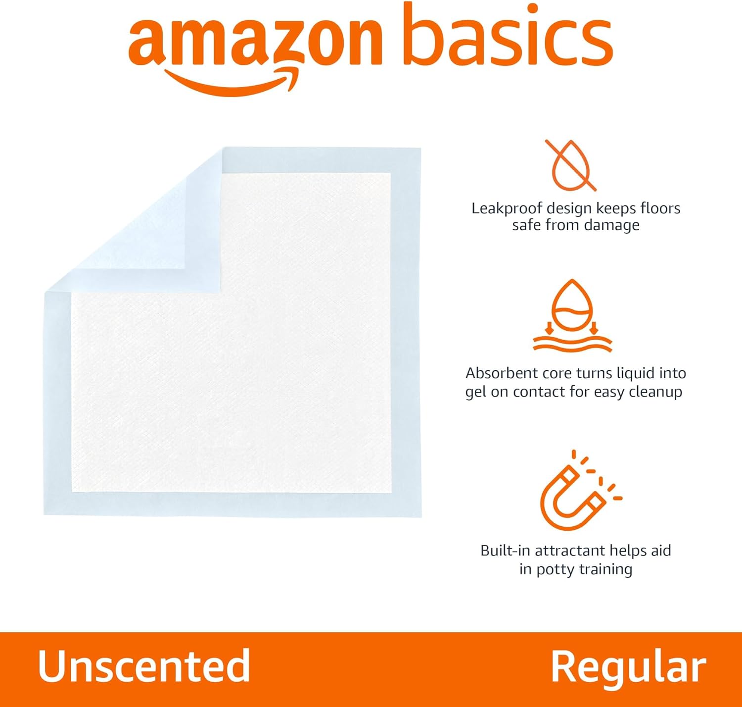 Amazon Basics Dog and Puppy Pee Pads with Leak-Proof Quick-Dry Design for Potty Training, Standard Absorbency, Regular Size, 22 x 22 Inches, Pack of 100, Blue  White